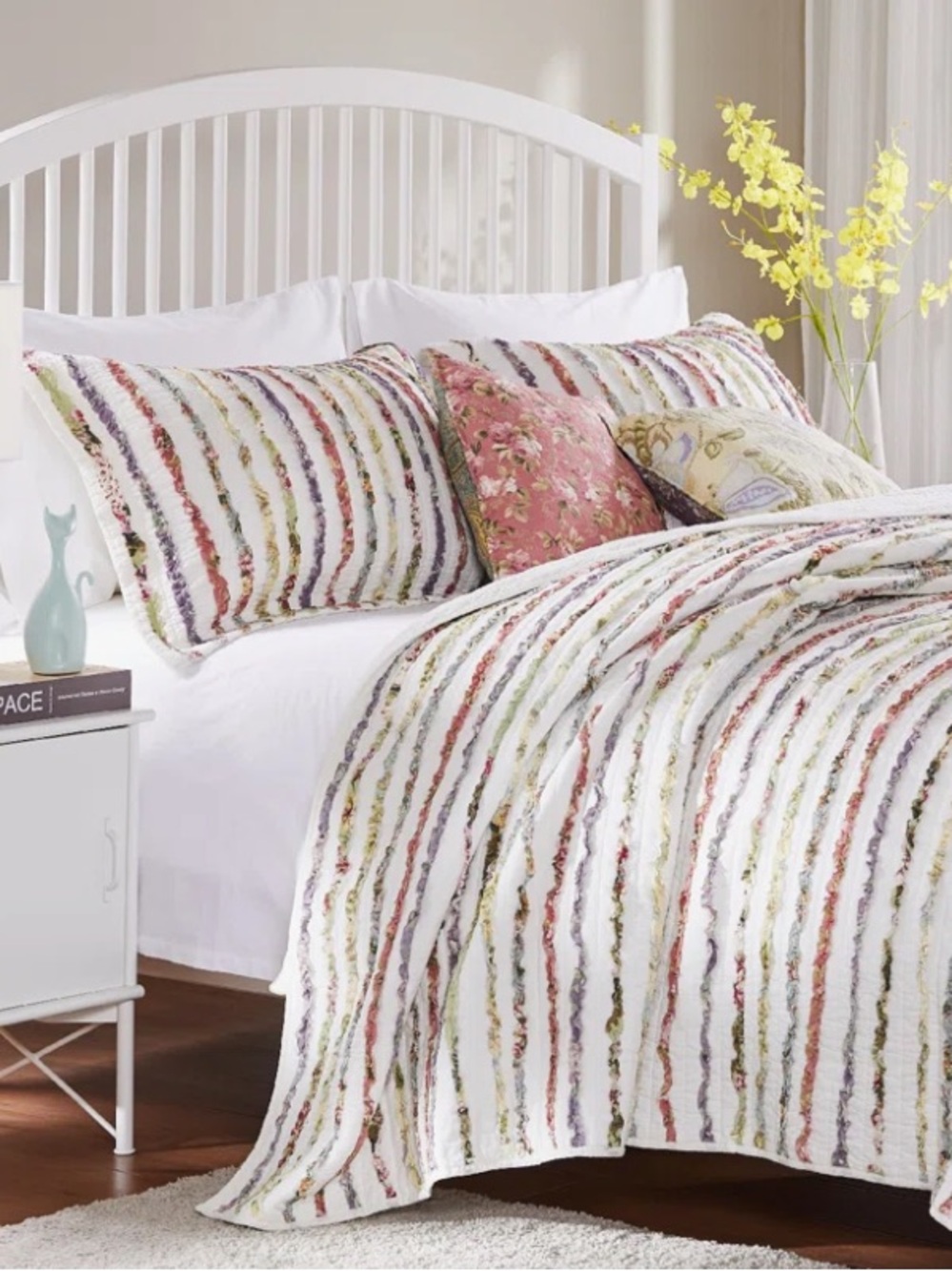 Greenland Home Bella Quilted Ruffle Shams Cotton Mixed Floral Stripe • Stnd. 2pc
